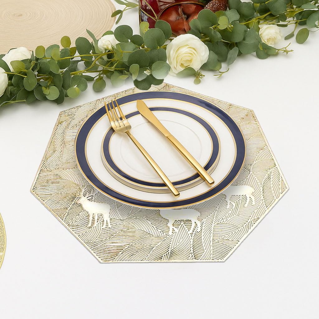 LUXE HOME INTERNATIONAL PVC Vinyl Metallic Table Round Placemats for Dining Table Gold, Heat Resistant & Waterproof | Easy to Clean Decorative Dining Mats - (Set of 2) ST062TJ-3MJ