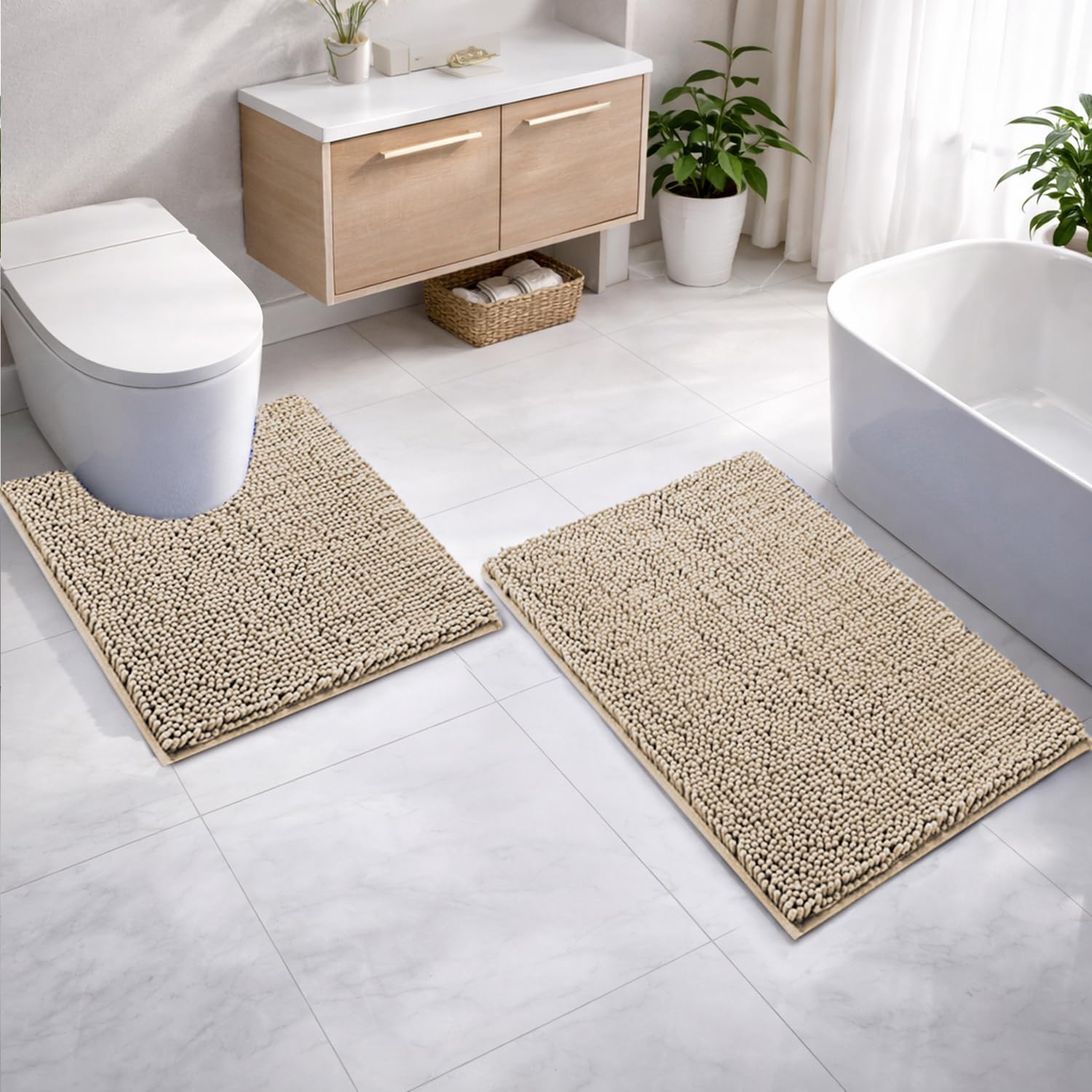 Microfibre Chenille Contour Bath Mat Set  Pack of 2 (Beige 40x60cm & 47x47cm)