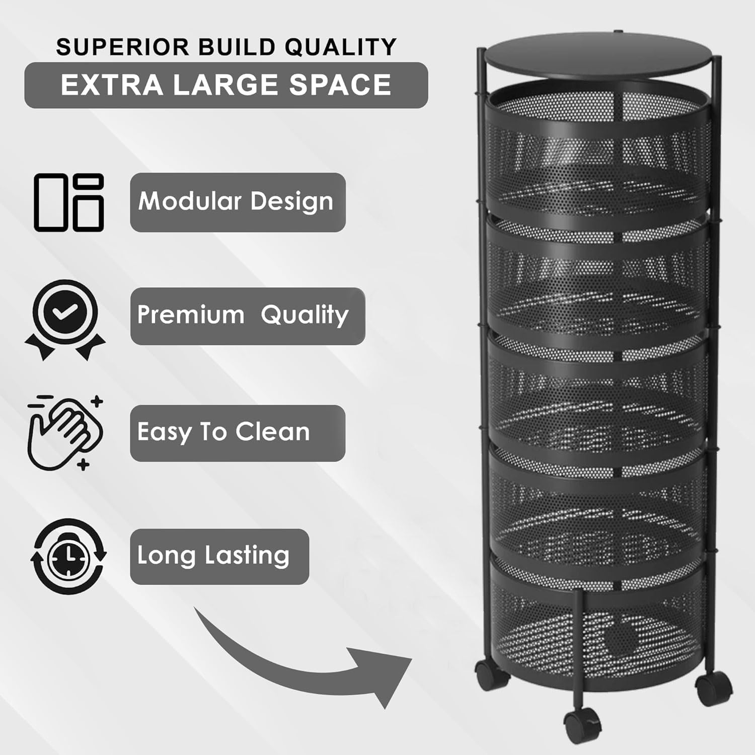 5-Tier Revolving Kitchen Trolley with Wheels (Black 32x32x90)