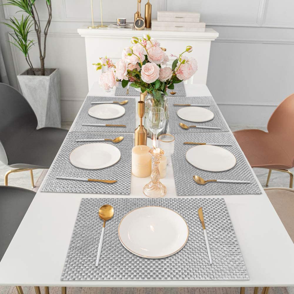 Luxe Home International PVC Vinyl Weave Design Placemat ST880064 – Heat Resistant, Wipe Clean, Anti-Skid Table Mats for Dining Table, Kitchen & Home Decor (30x45 CM Silver Set of 6)