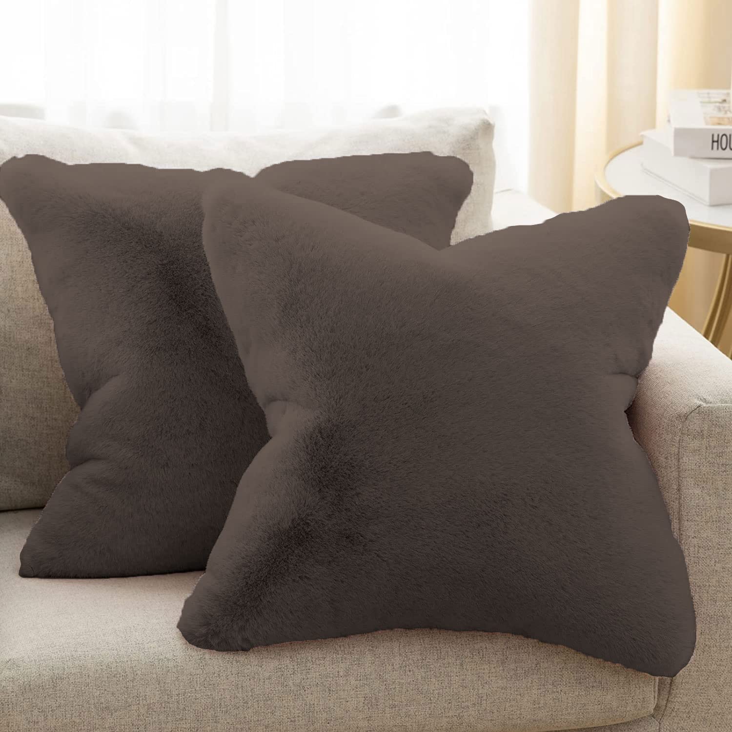 Cushion Cover One Side Rabbit Fur Pack of 2 (16 x 16 inch,Cocoa)