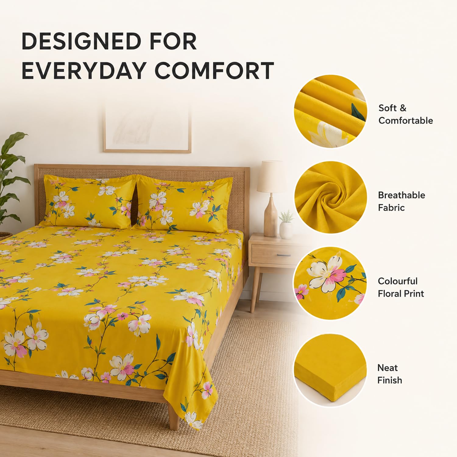 Queen Size Double Bedsheet With 2 Pillow Covers Floral Pattern 90x90 Inch