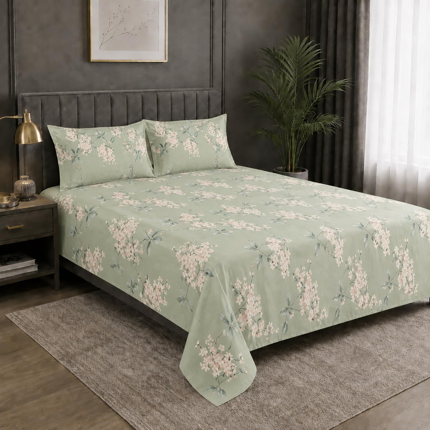 King Size Double Bedsheet with 2 Pillow Covers Premium Mint Rose Dot Border Printed  90x100inch