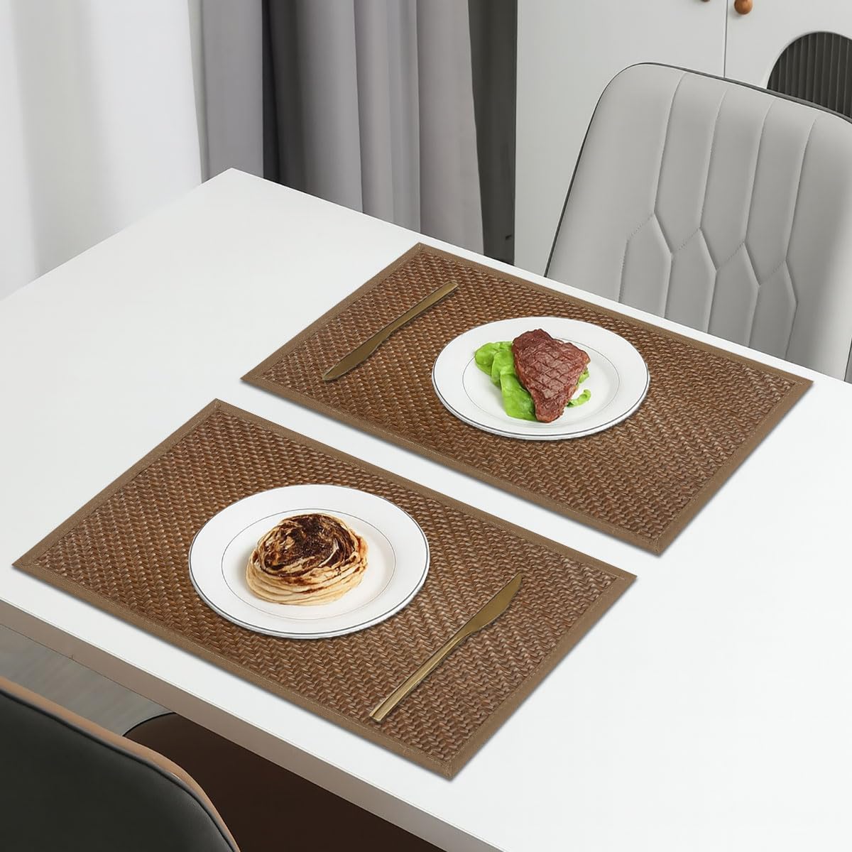 Luxe Home International PVC Vinyl Basket Design Placemat STBT001 – Heat Resistant, Wipe Clean, Anti-Skid Table Mats for Dining Table, Kitchen & Home Decor (30x45 CM Brown Set of 2)