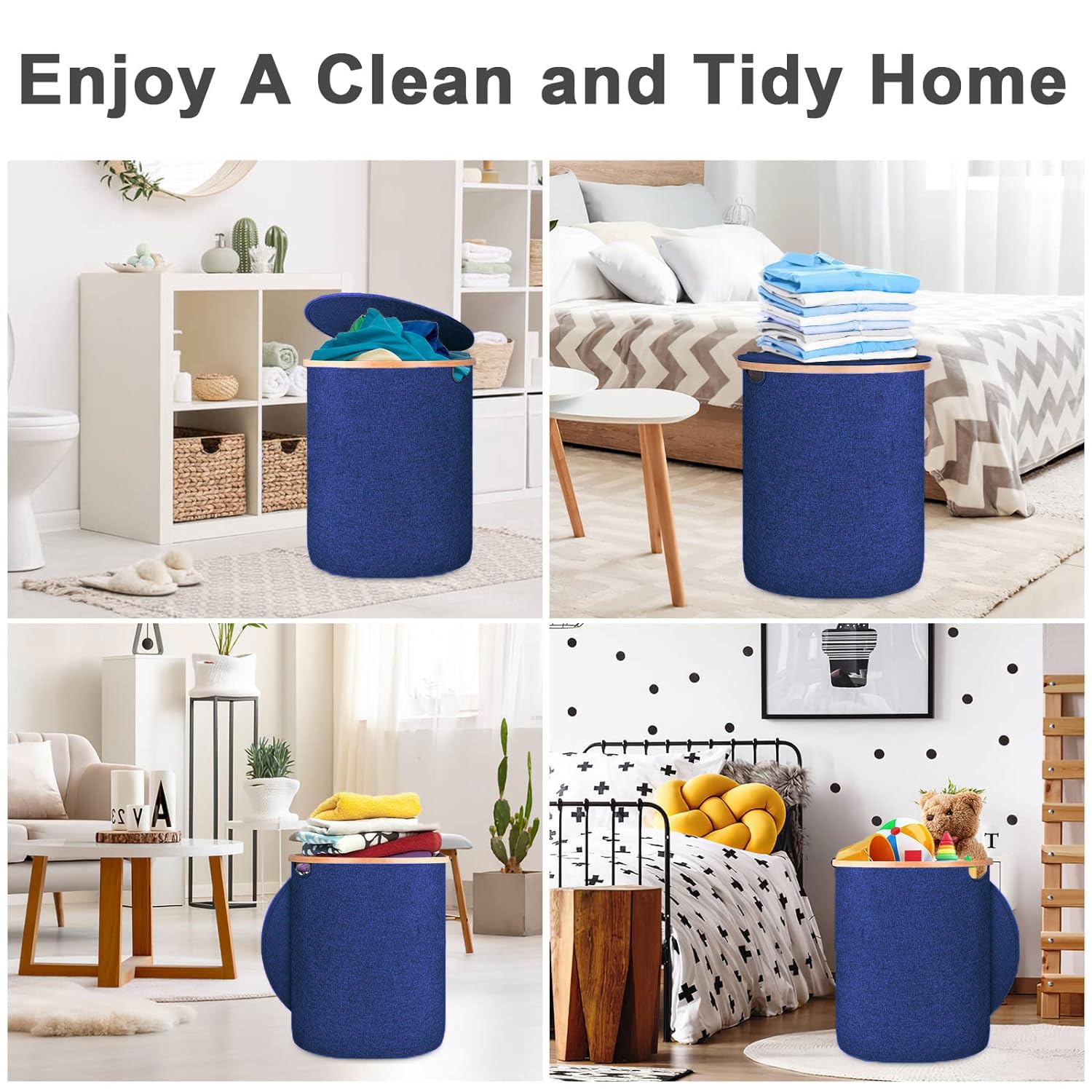 Large Round Fabric Storage Basket with Bamboo Handles (45L x 45W x 50H cm ,Blue )