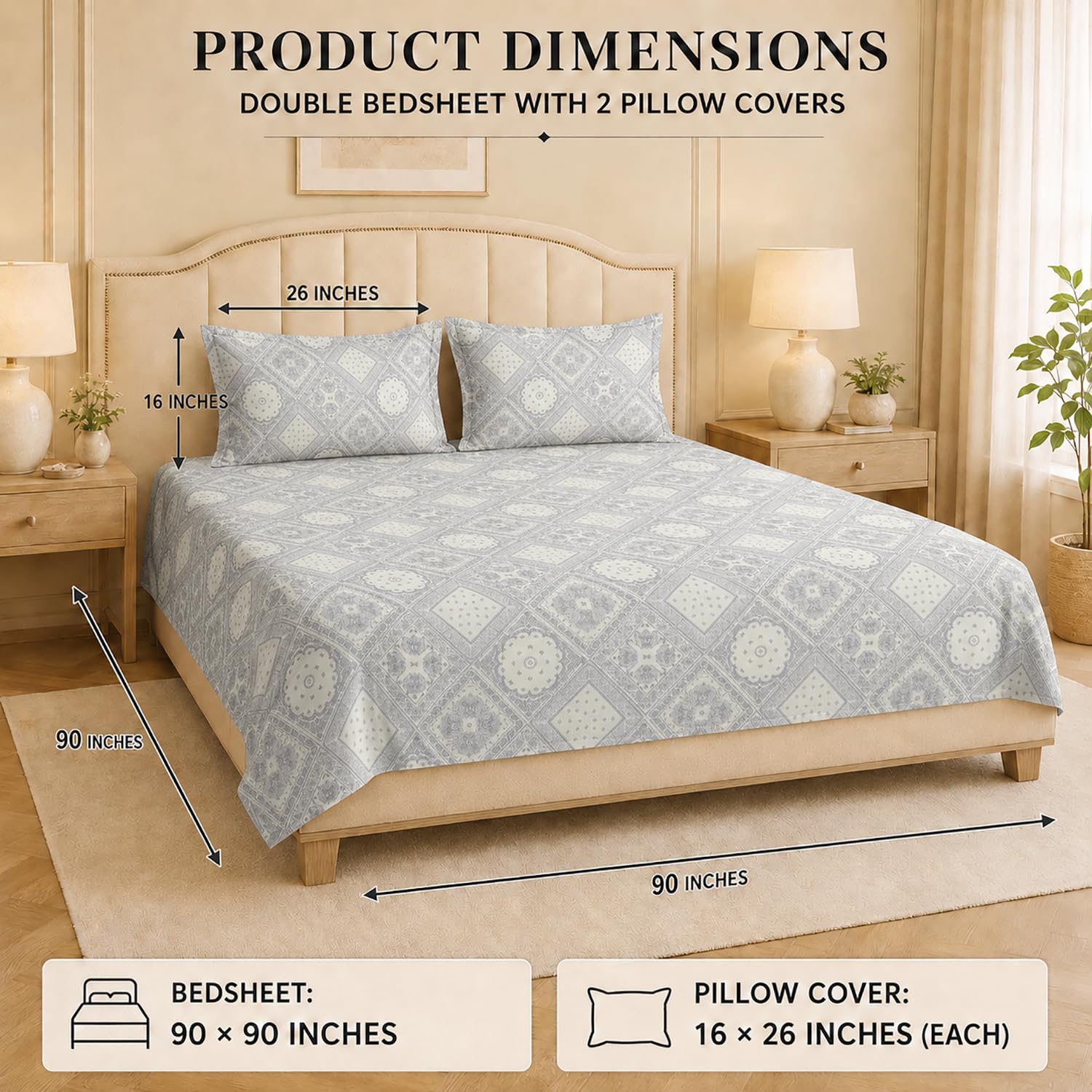 Double Bedsheet With 2 Pillow Covers Classic Pattern 200 TC 100% Cotton Feel ( Queen Size 90x90 Inch Multi Set Of 3 )