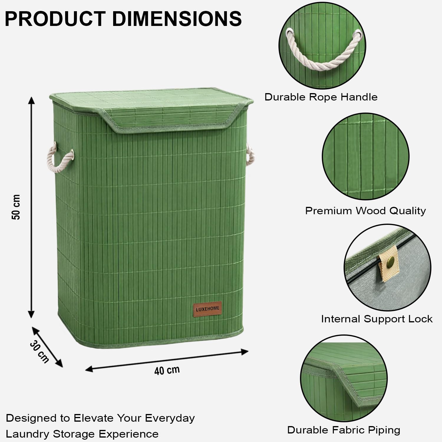 Rectangle Bamboo Laundry Basket for Clothes(Green, 40x30x50 cm)