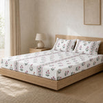 Double Bedsheet with 2 Pillow Covers 220 TC 100% Cotton Feel ( King Size Pink&White 90x100inch )