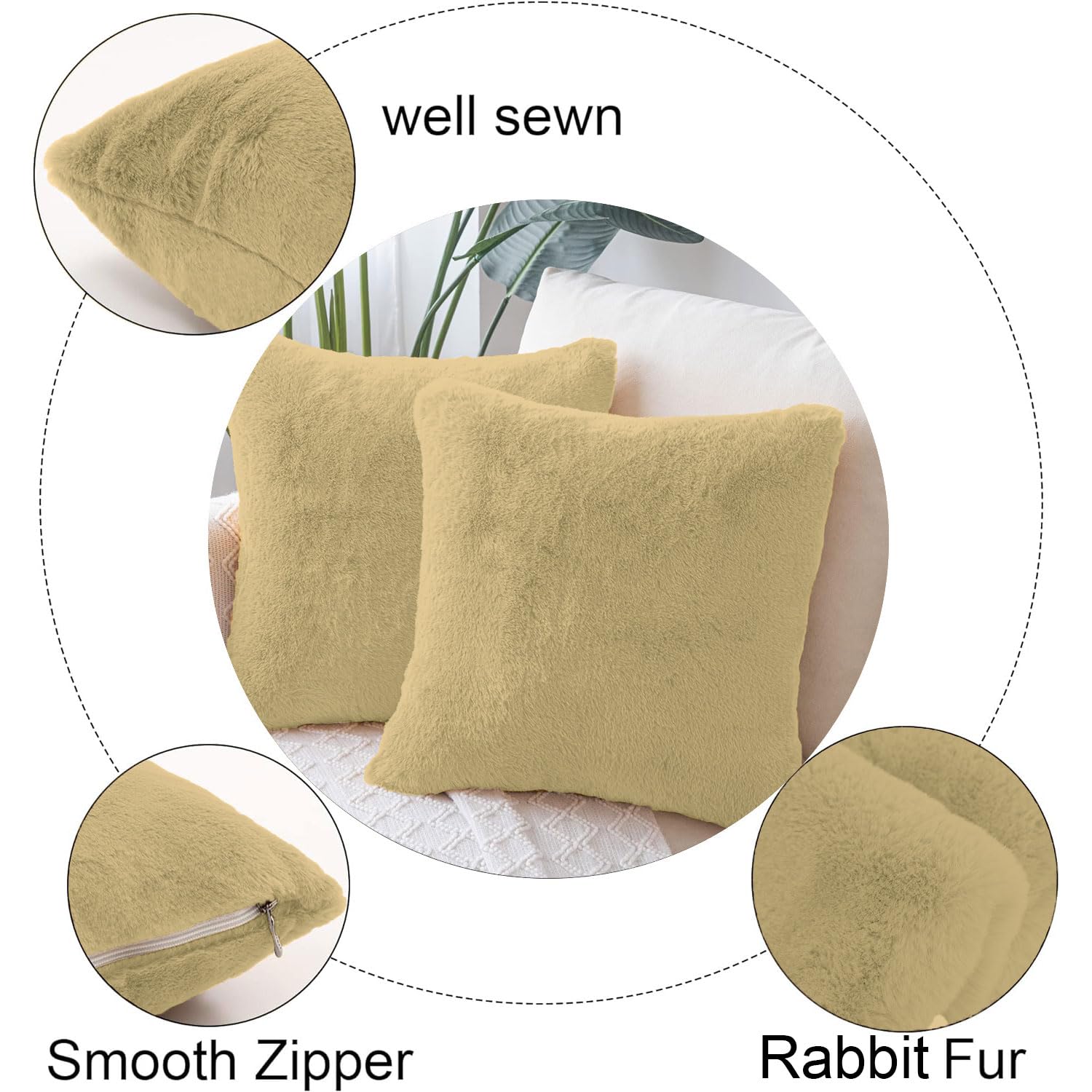 Cushion Cover Duble Side Rabbit Fur Set of 2(16 x 16 inch ,Gold)