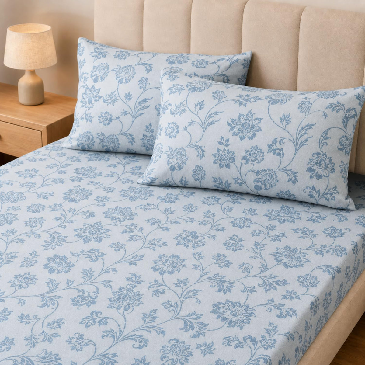 Double Bedsheet with 2 Pillow Covers 220 TC 100% Cotton Feel King Size( Blue , 90x100inch )