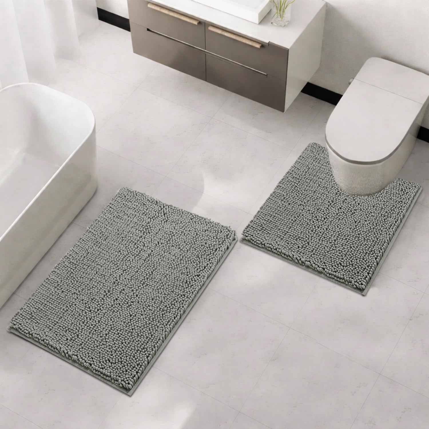Microfibre Chenille Contour Bath Mat Set  Pack of 2 (Grey 40x60cm & 47x47cm)