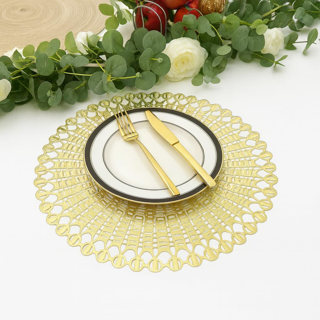 LUXE HOME INTERNATIONAL PVC Vinyl Metallic Table Round Placemats for Dining Table Gold, Heat Resistant & Waterproof | Easy to Clean Decorative Dining Mats - (Set of 4) ST055TJ-3MJ