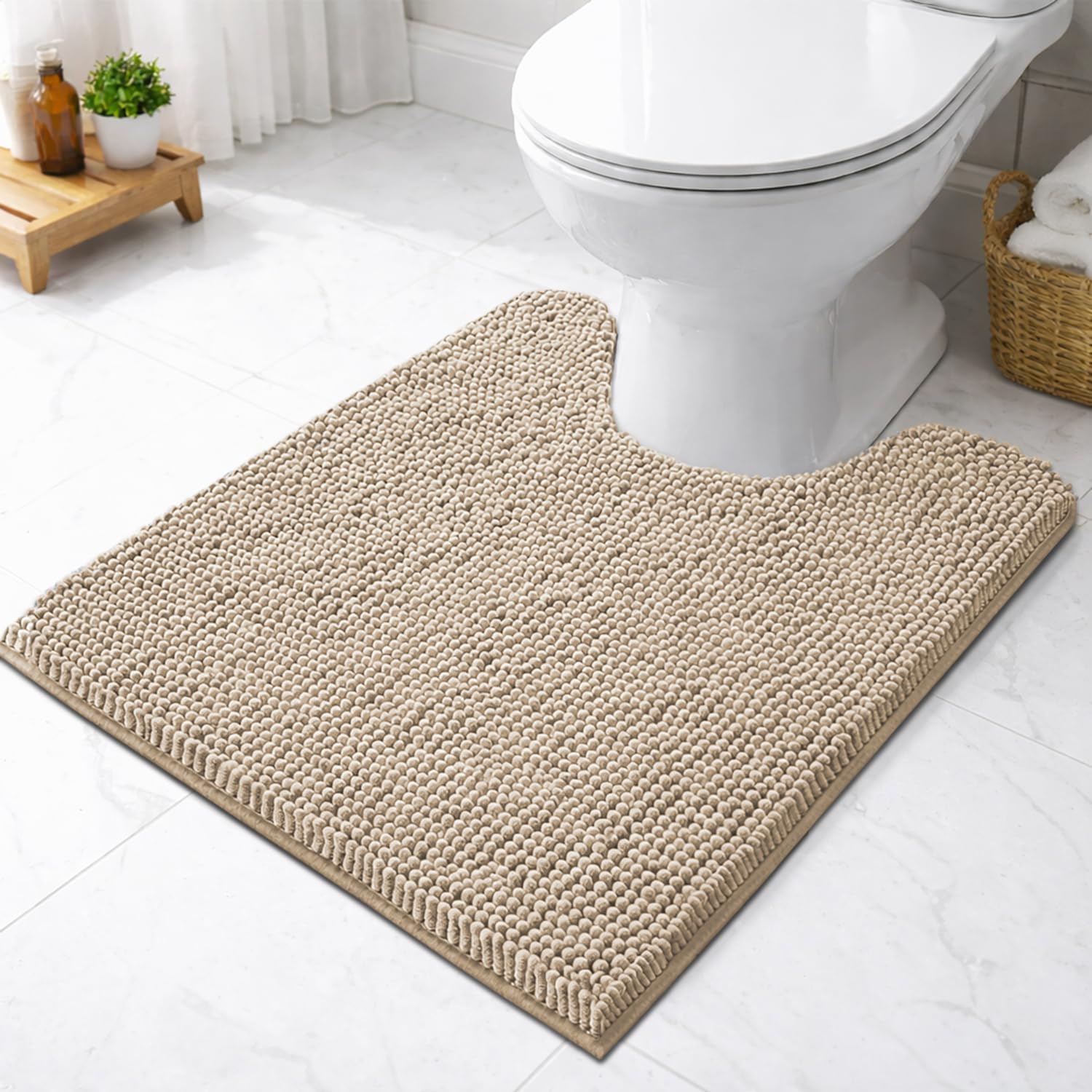 Chenille Contour Bath Mat for Bathroom (Beige , 47x47cm)