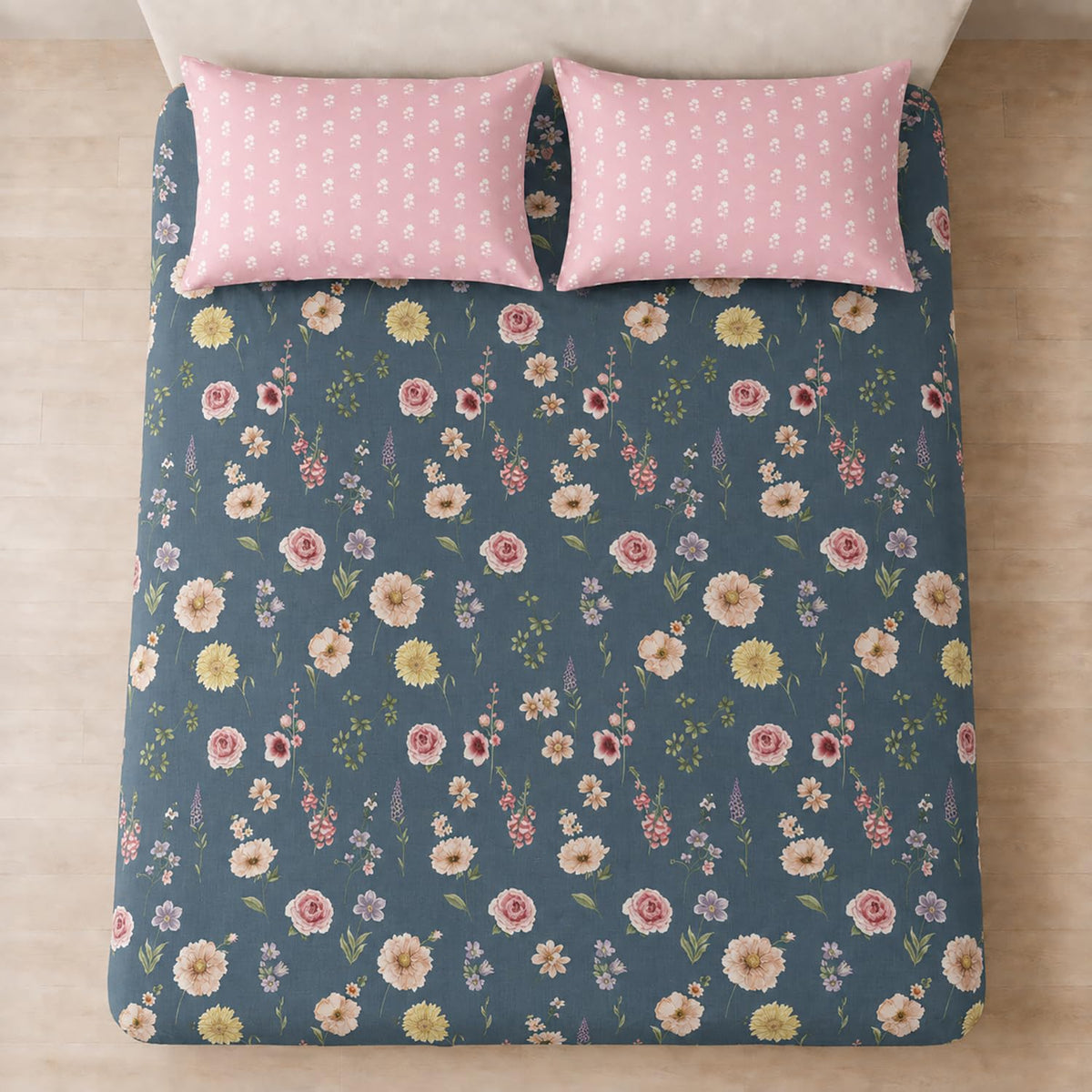 King Size Double Bedsheet with 2 Pillow Covers Premium Midnight Garden Bloom Printed 90x100 inch
