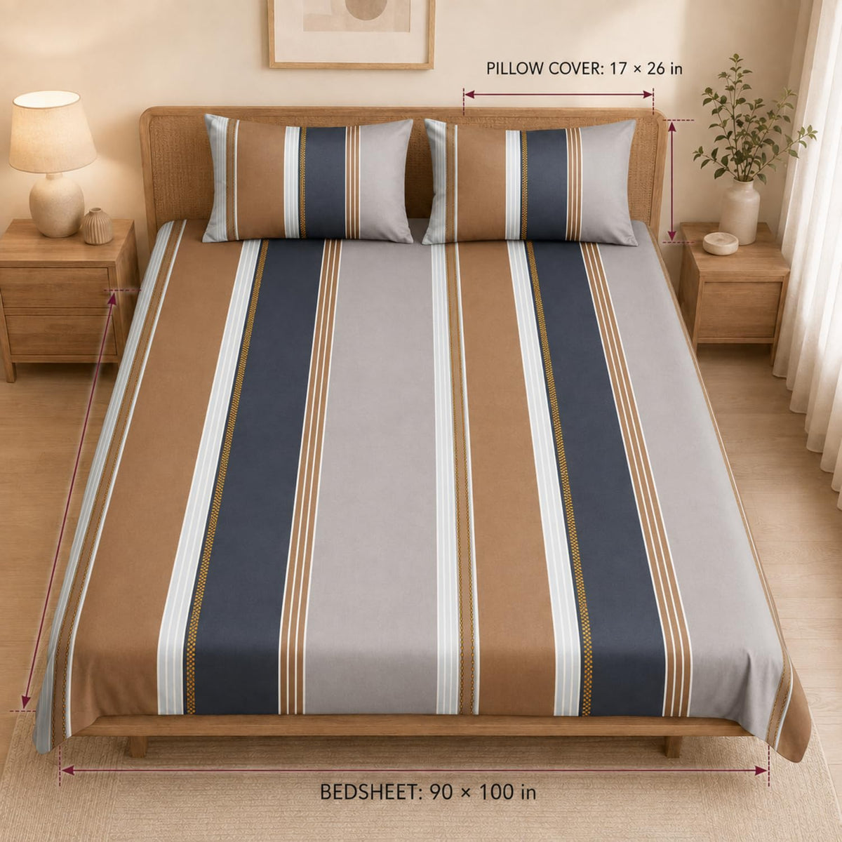 Double Bedsheet with 2 Pillow Covers 220 TC 100% Cotton Feel ( King Size Taupe 90x100inch )