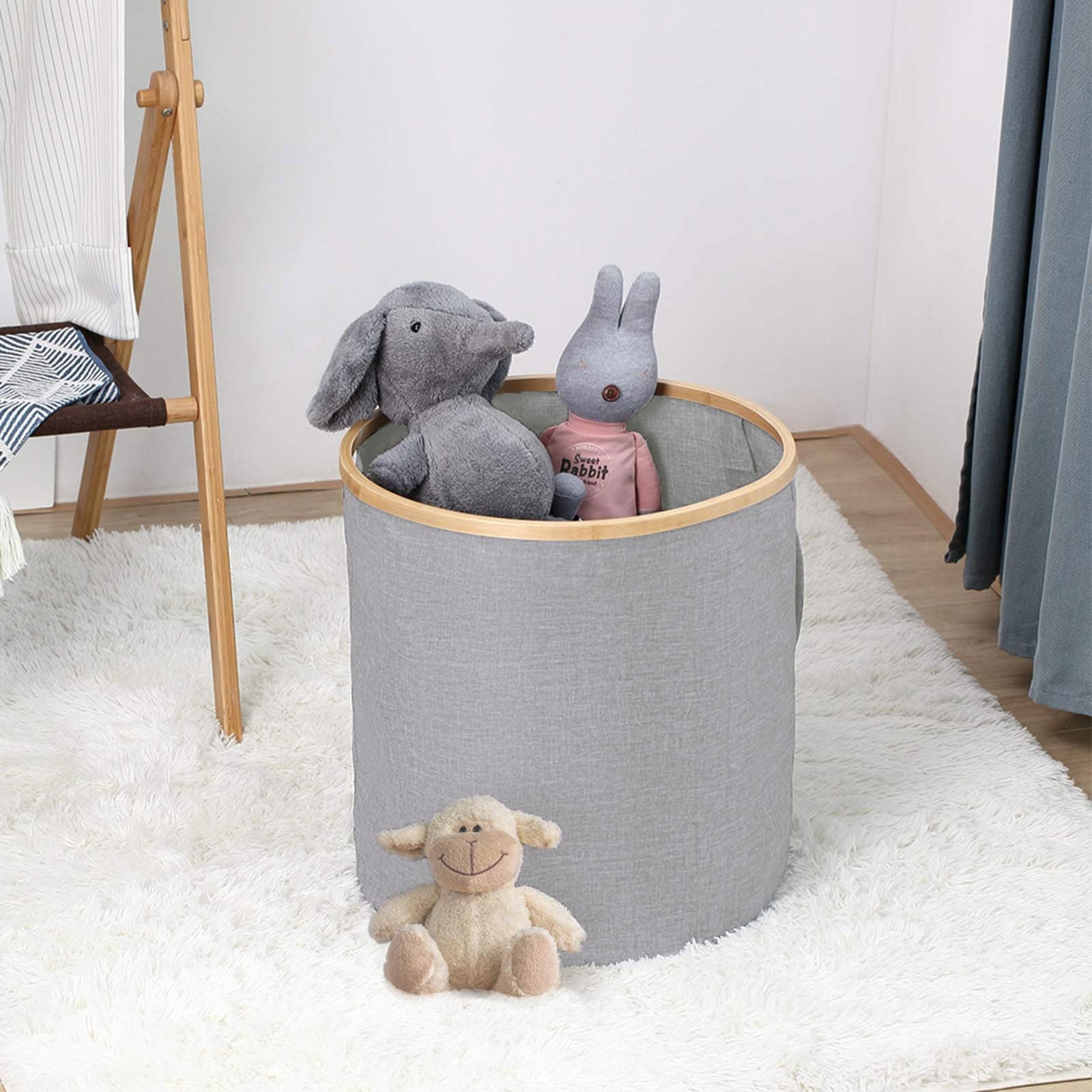 Large Round Fabric Storage Basket with Bamboo Handles (45L x 45W x 50H cm ,Grey )