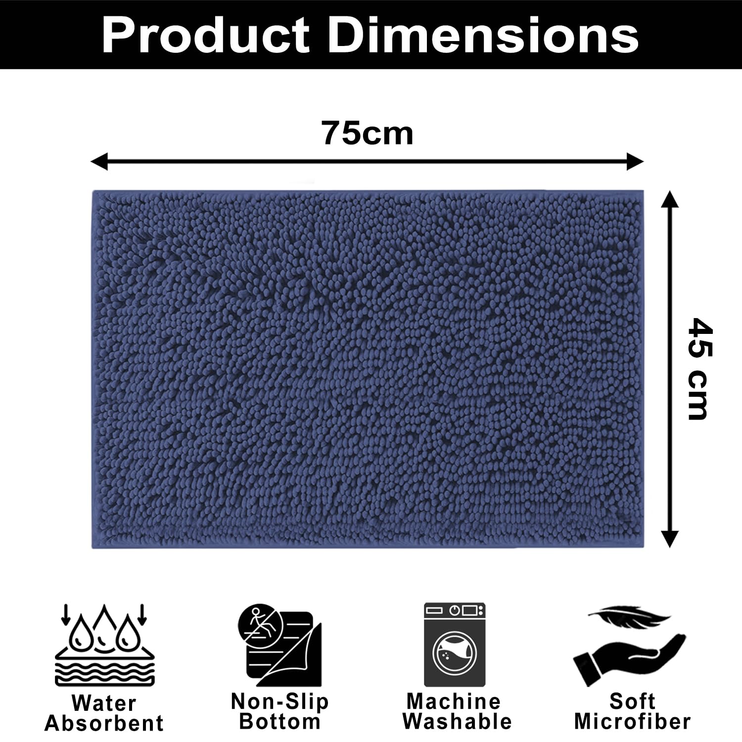 Shaggy Chenille Bath Mat Extra Soft  (45x75 cm Navy)