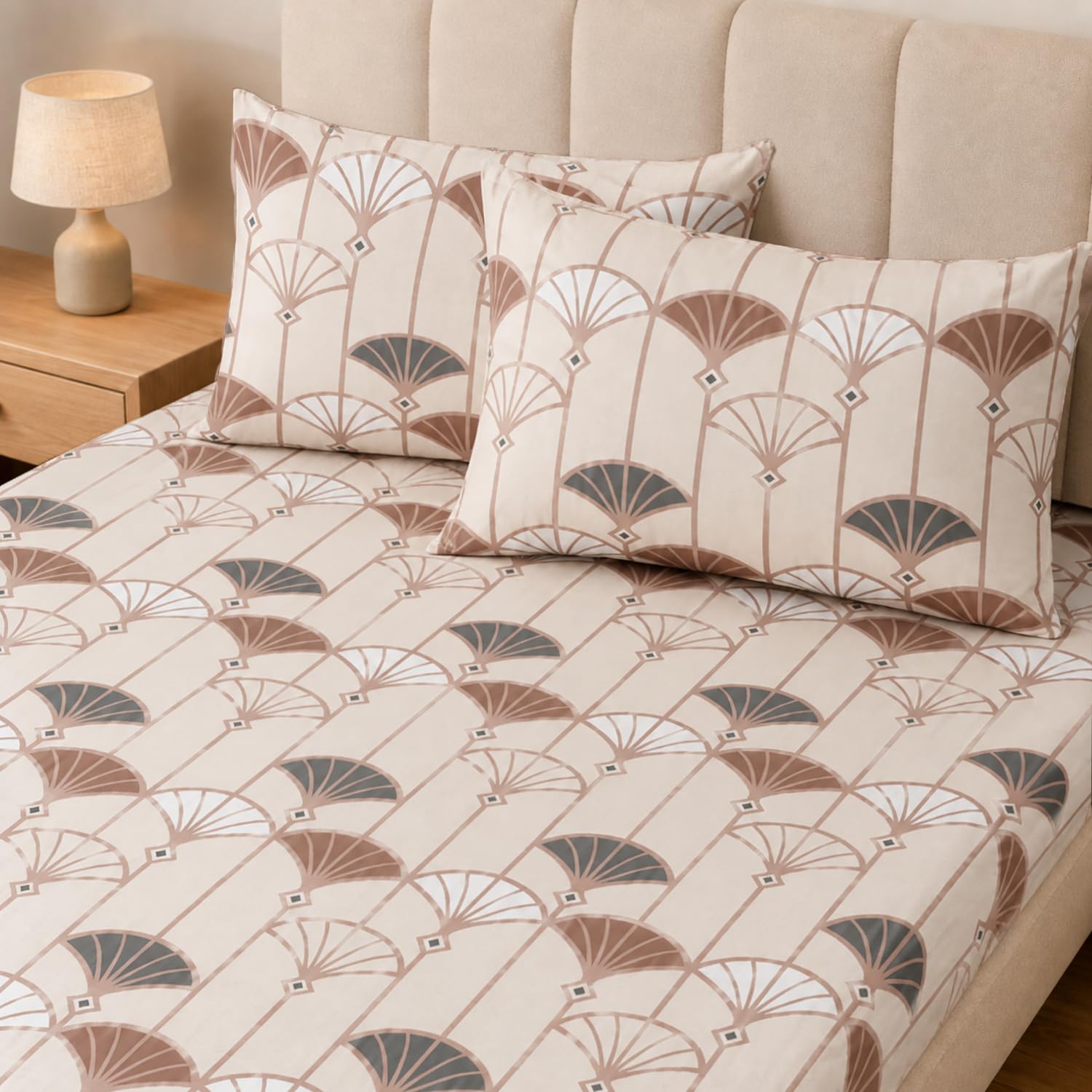 Double Bedsheet with 2 Pillow Covers Premium 240 TC 100% Cotton Feel ( King Size Beige & Brown 108x108 inch )