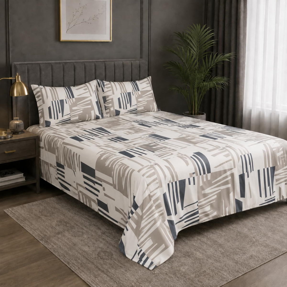 Double Bedsheet with 2 Pillow Covers 220 TC 100% Cotton Feel King Size ( Beige 90x100 inch )