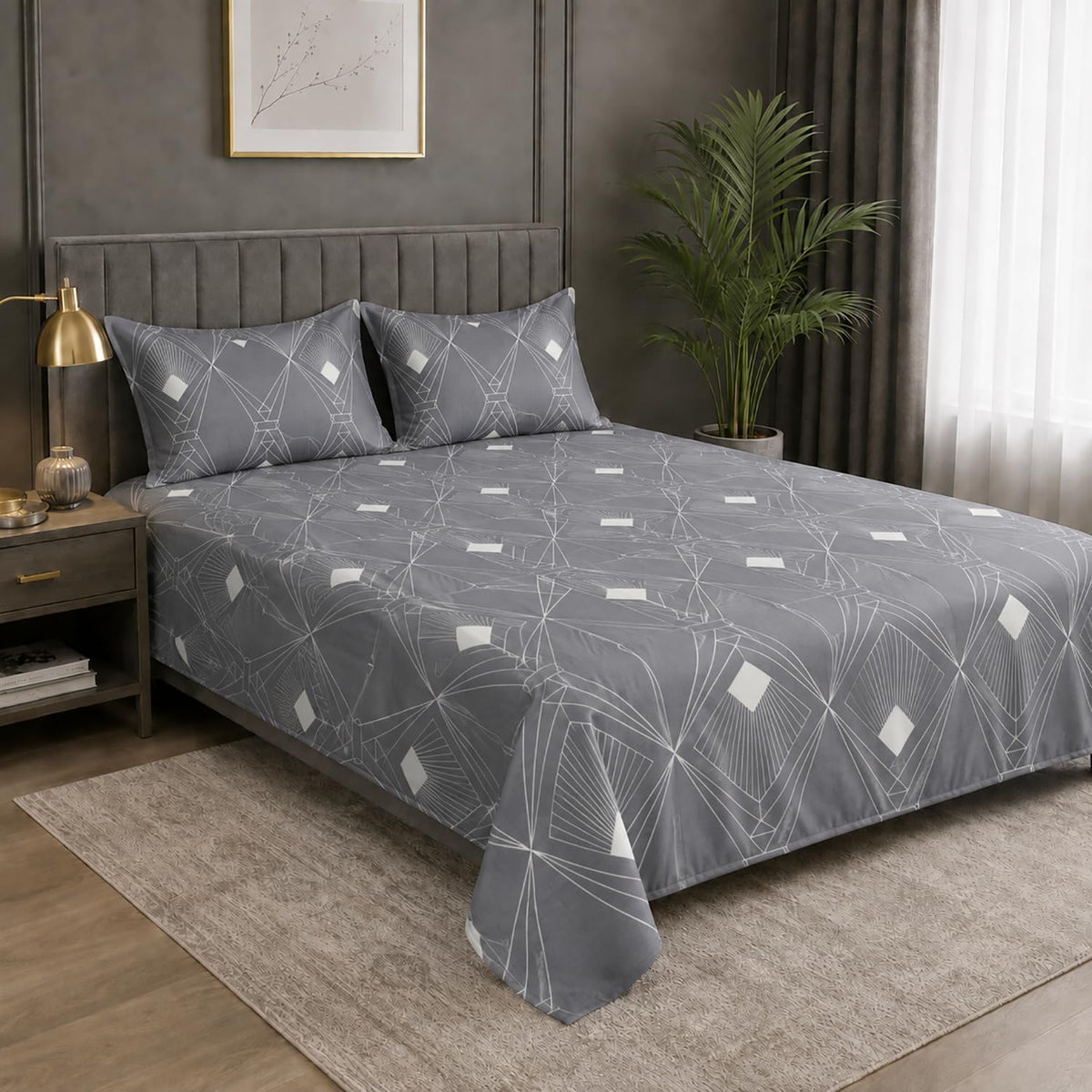 Double Bedsheet with 2 Pillow Covers Premium 240 TC 100% Cotton Feel ( Grey 108x108 inch )