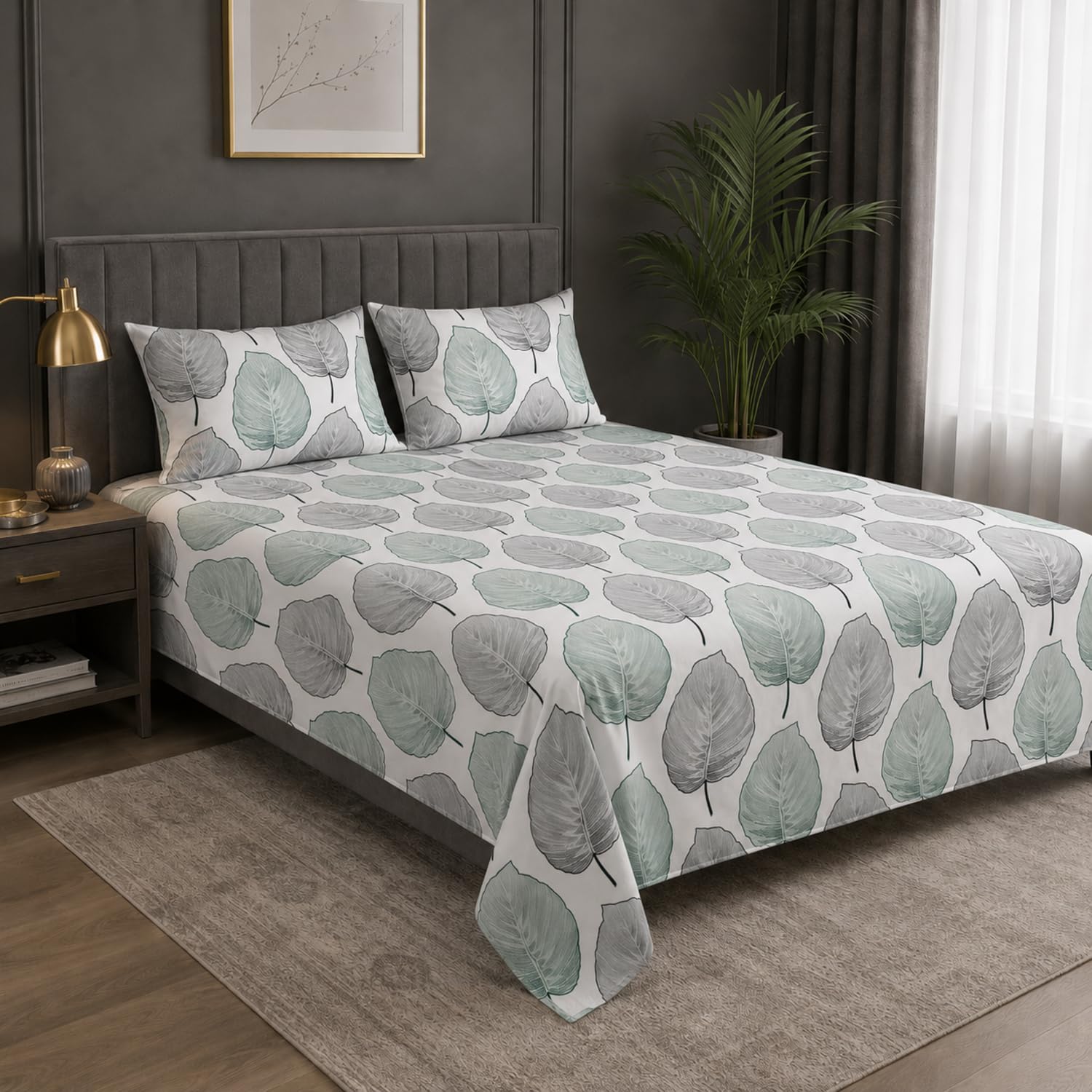 King Size Double Bedsheet with 2 Pillow Covers Premium Mint Leaf Harmony Printed  90x100inch