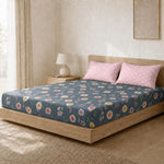 Double Bedsheet with 2 Pillow Covers 220 TC 100% Cotton Feel (King Size Navy 90x100 inch )