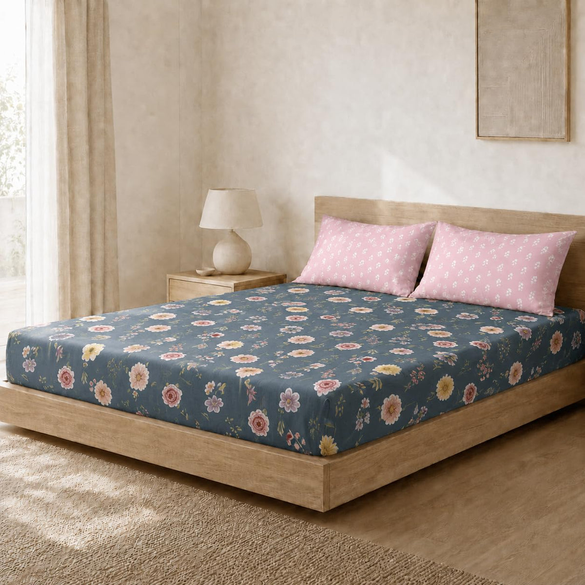 Double Bedsheet with 2 Pillow Covers 220 TC 100% Cotton Feel (King Size Navy 90x100 inch )