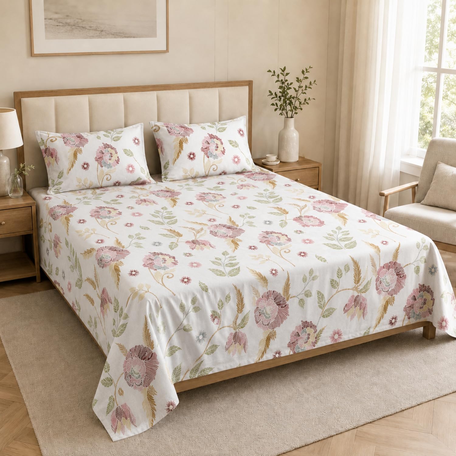 Double Bedsheet with 2 Pillow Covers 220 TC 100% Cotton Feel ( King Size Blush 90x100inch )