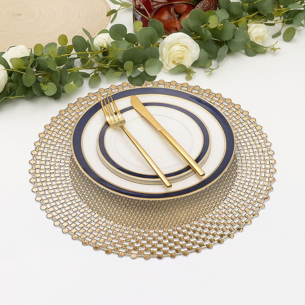 LUXE HOME INTERNATIONAL PVC Vinyl Metallic Table Round Placemats for Dining Table Gold, Heat Resistant & Waterproof | Easy to Clean Decorative Dining Mats - (Set of 2) ST085TJ-3MJ
