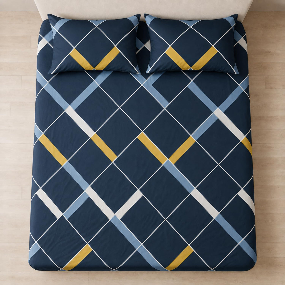 Double Bedsheet with 2 Pillow Covers 220 TC 100% Cotton Feel ( King Size Navy Blue 90x100inch )