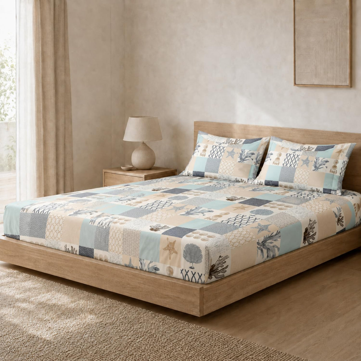 Double Bedsheet with 2 Pillow Covers 220 TC 100% Cotton Feel ( King Size Cream 90x100inch )