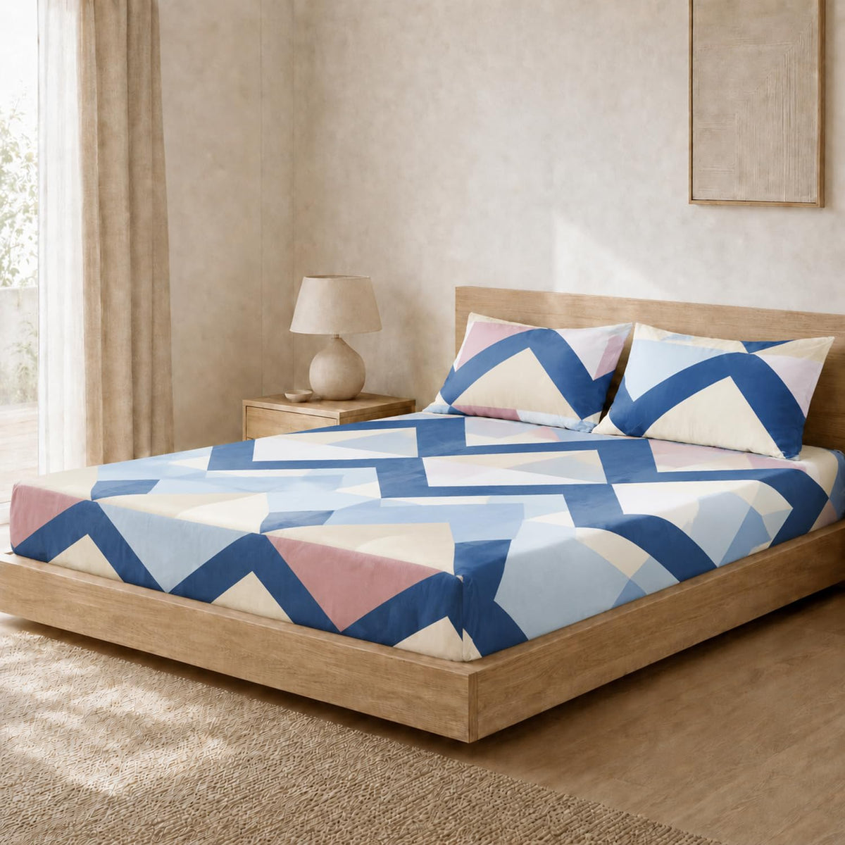Double Bedsheet with 2 Pillow Covers 220 TC 100% Cotton Feel ( King Size Blue & Beige 90x100 inch )