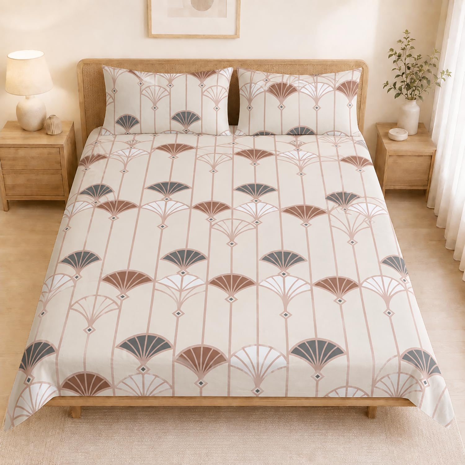 Double Bedsheet with 2 Pillow Covers Premium 240 TC 100% Cotton Feel ( King Size Beige & Brown 108x108 inch )