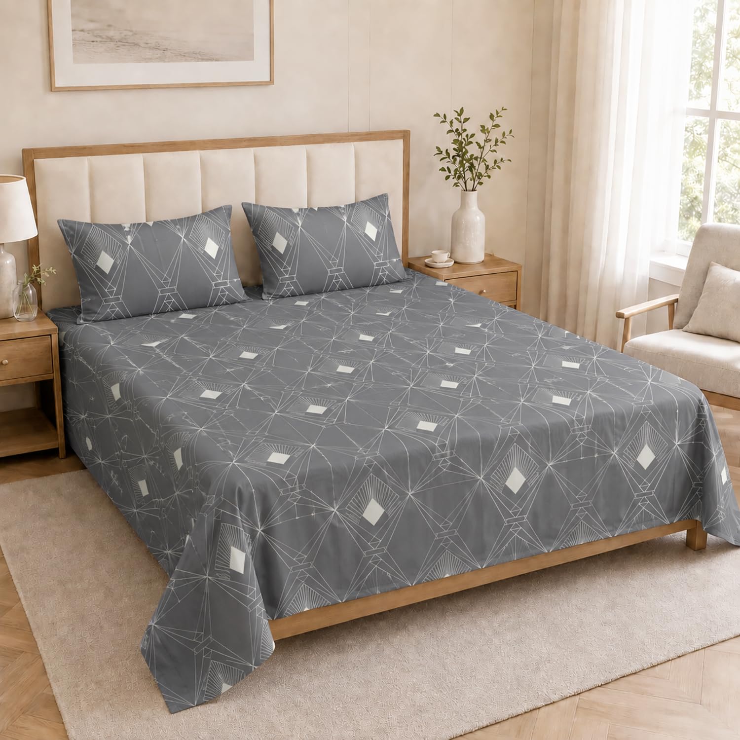 Double Bedsheet with 2 Pillow Covers Premium 240 TC 100% Cotton Feel ( Grey 108x108 inch )