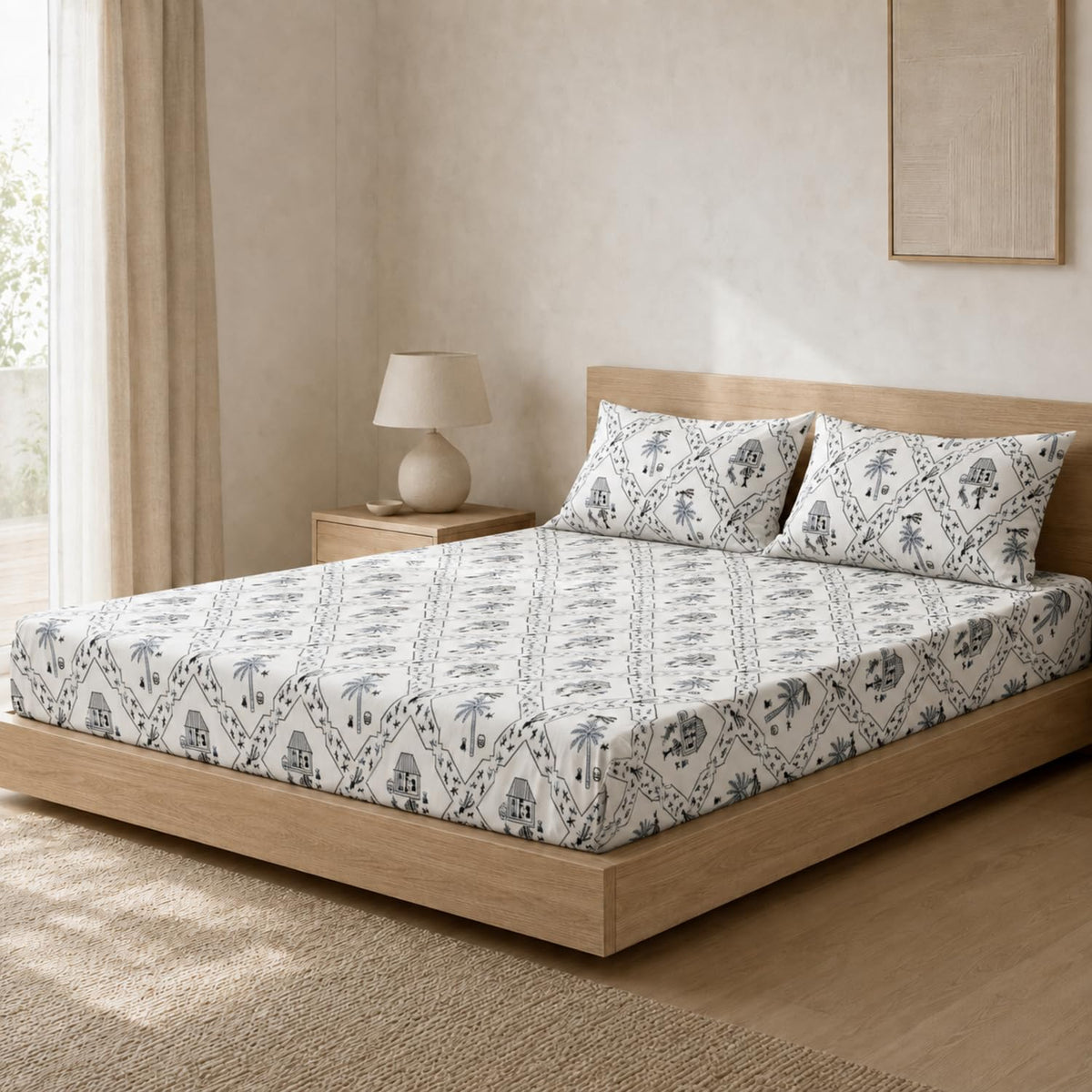 Double Bedsheet with 2 Pillow Covers Premium Indigo Village Toile Printed Soft & Breathable Bed Sheet for King Size Wrinkle Free All-Season Blue 90x100inch