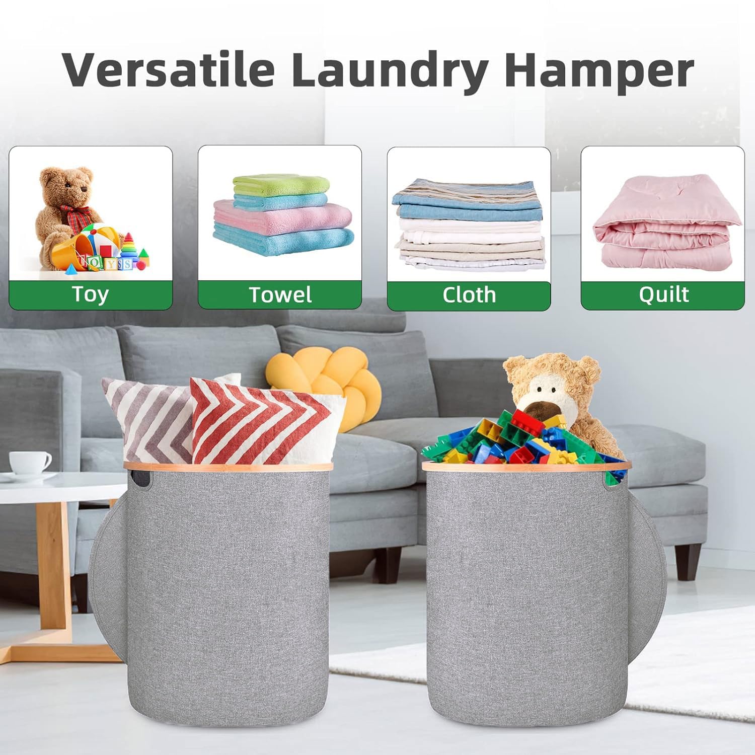 Large Round Fabric Storage Basket with Bamboo Handles (45L x 45W x 50H cm ,Grey )