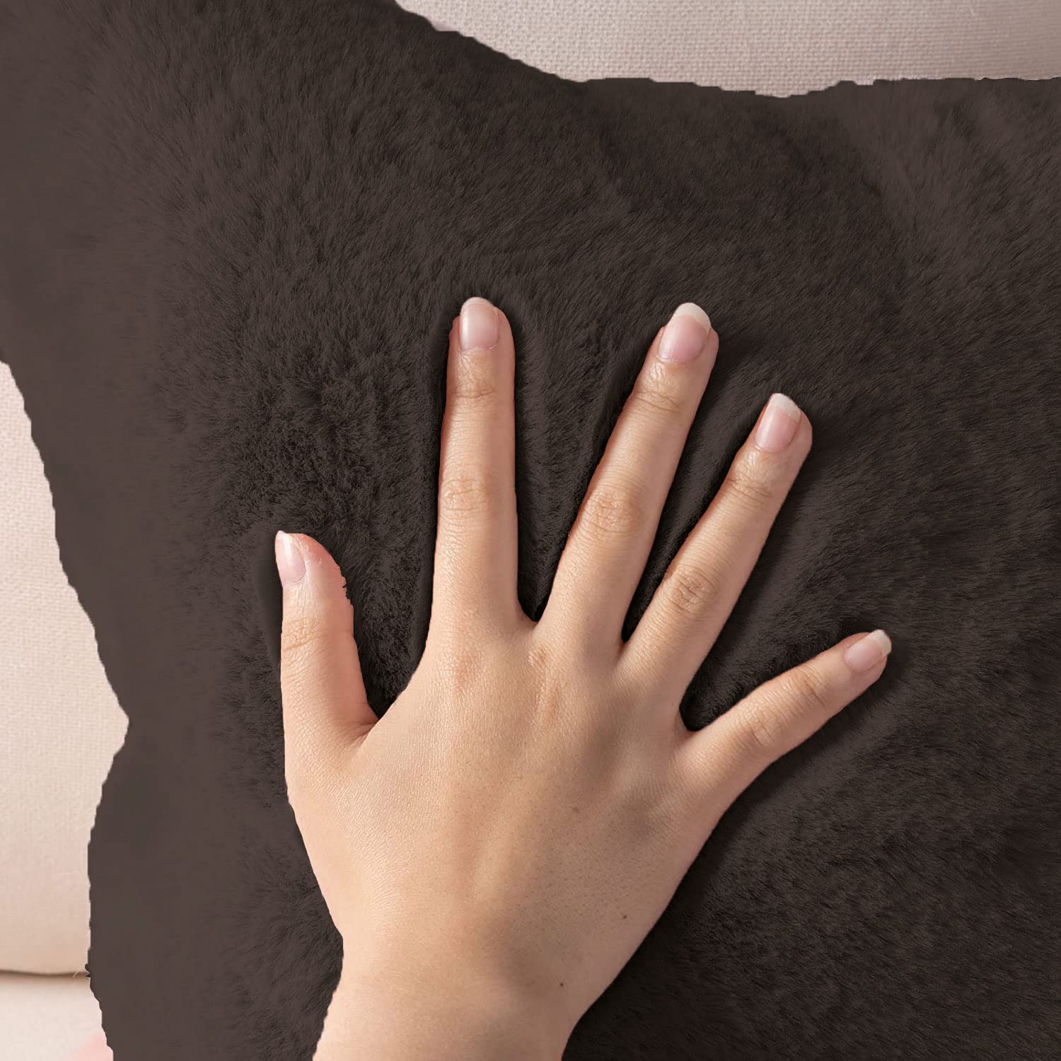 Cushion Cover One Side Rabbit Fur Pack of 2 (16 x 16 inch,Chocolate)