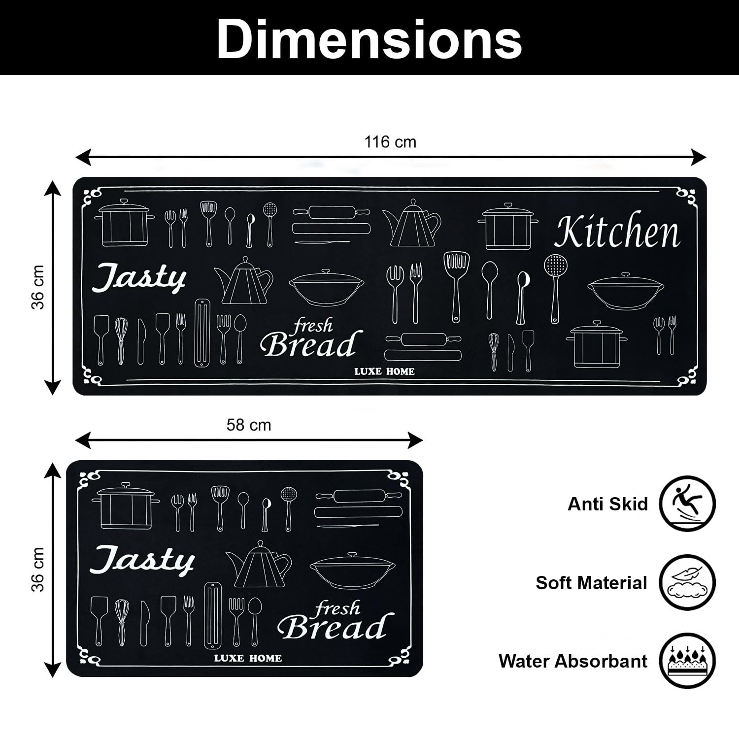Kitchen Mat Combo Jasty Fresh Bread Design (116x36 & 58x36 cm Grey)
