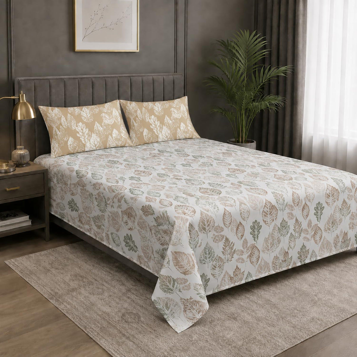 King Size Double Bedsheet with 2 Pillow Covers Premium Leaf Print 108x108inch