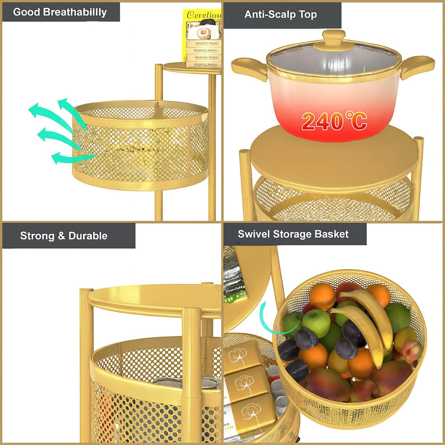 3-Tier Revolving Kitchen Trolley with Wheels (Gold 32x32x60)
