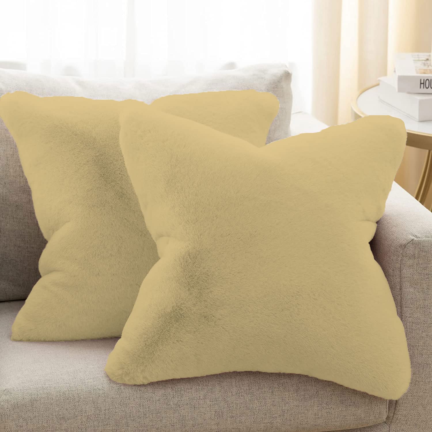Cushion Cover rabbit fur Gold (16 inch x 16 inch) Pack of 2