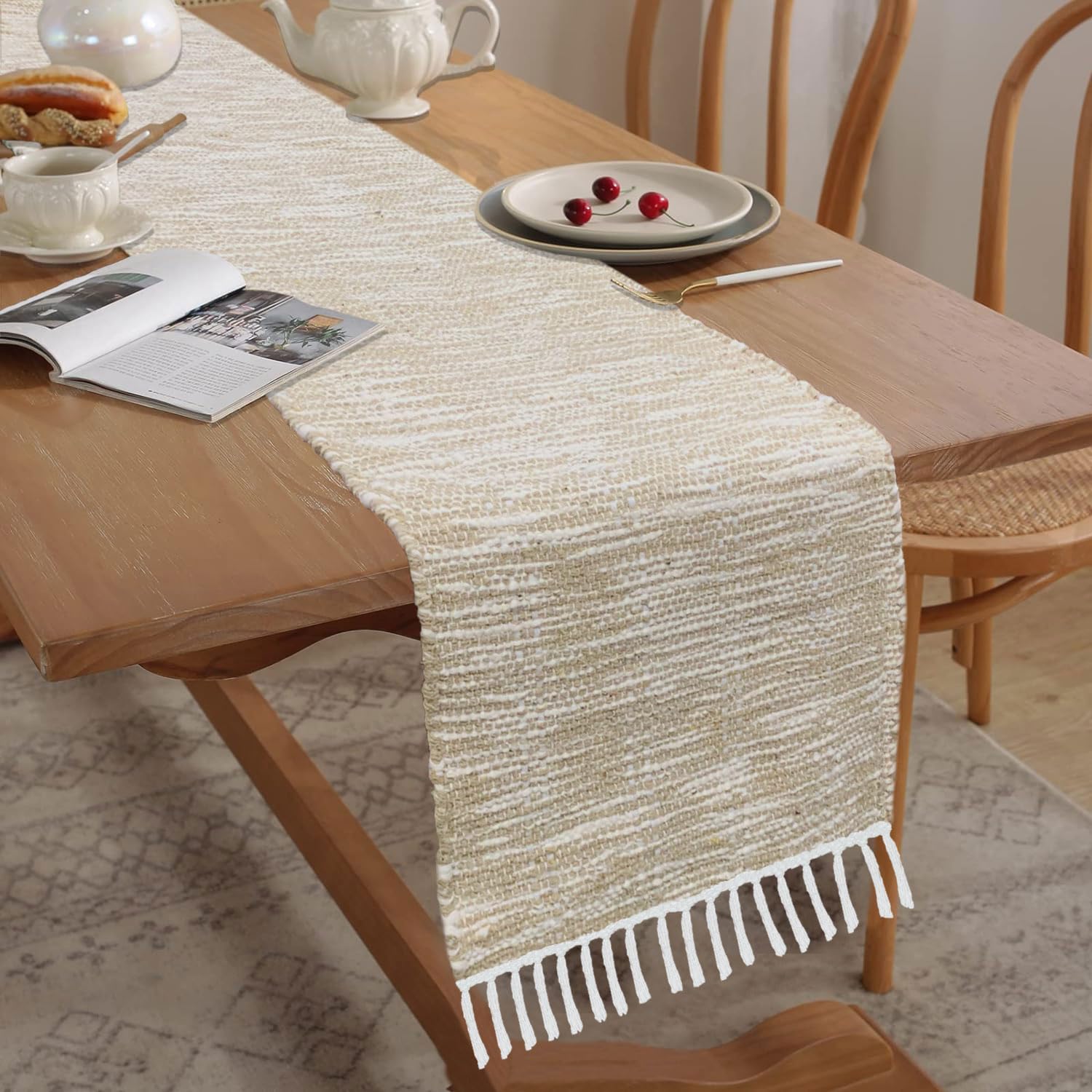 Luxe Home Elegant Beige and White Woven Table Runner with Tassels - Mix Cotton Jute 13 x 74 Inch, Textured - Perfect for Dining Table, Center Table, Décor