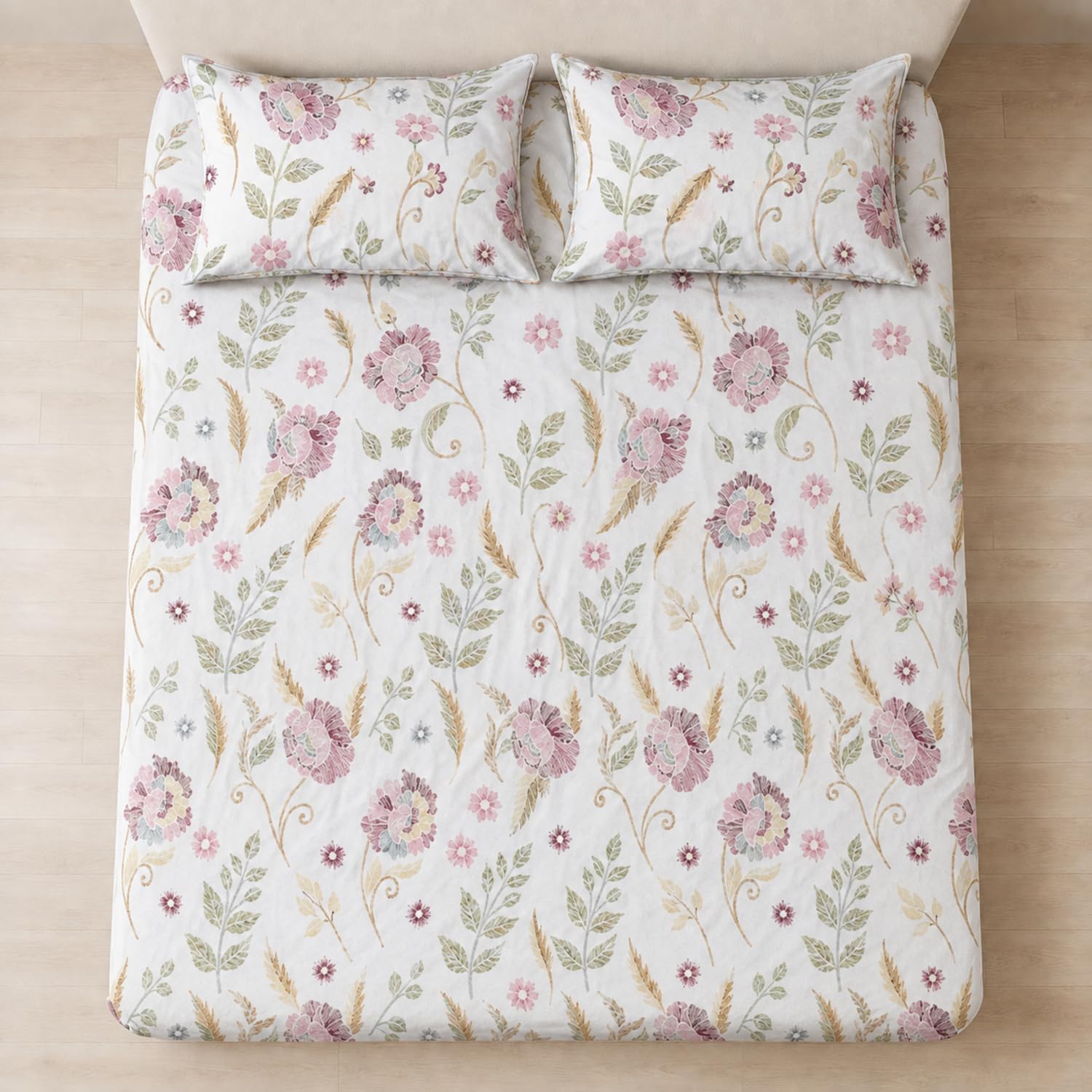 Double Bedsheet with 2 Pillow Covers 220 TC 100% Cotton Feel ( King Size Blush 90x100inch )