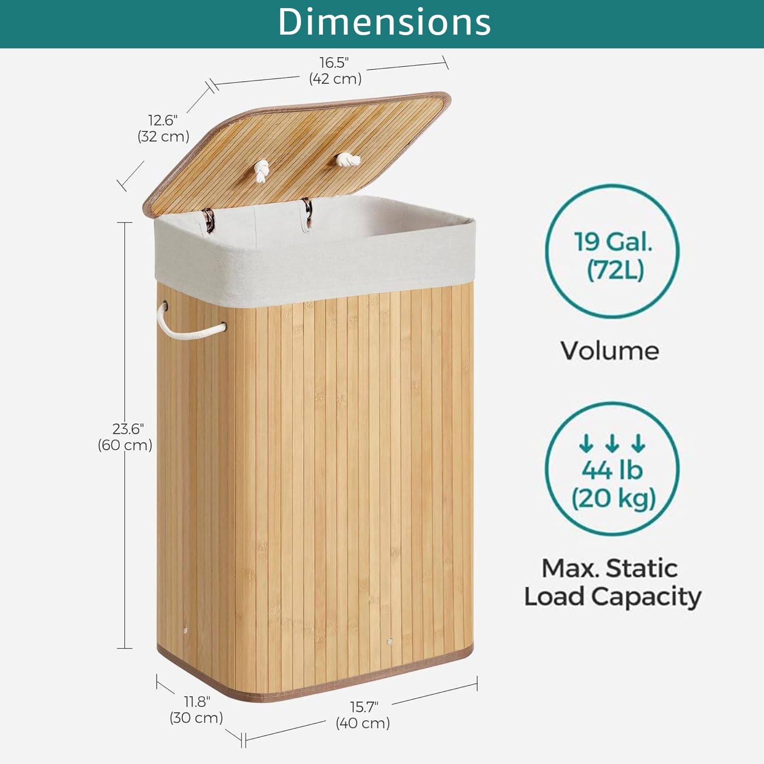 Stripe Bamboo Laundry Basket with Lid (Natural, 40x30x60 cm)