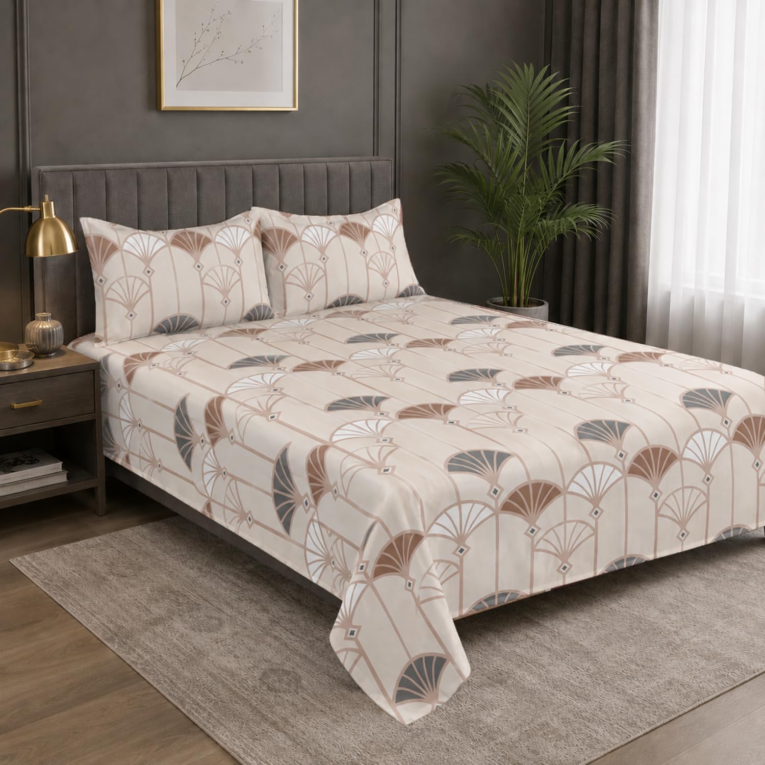 Double Bedsheet with 2 Pillow Covers Premium 240 TC 100% Cotton Feel ( King Size Beige & Brown 108x108 inch )