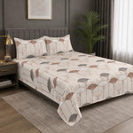 King Size Double Bedsheet with 2 Pillow Covers Premium Art Deco Fan Printed Beige & Brown 108x108 inch