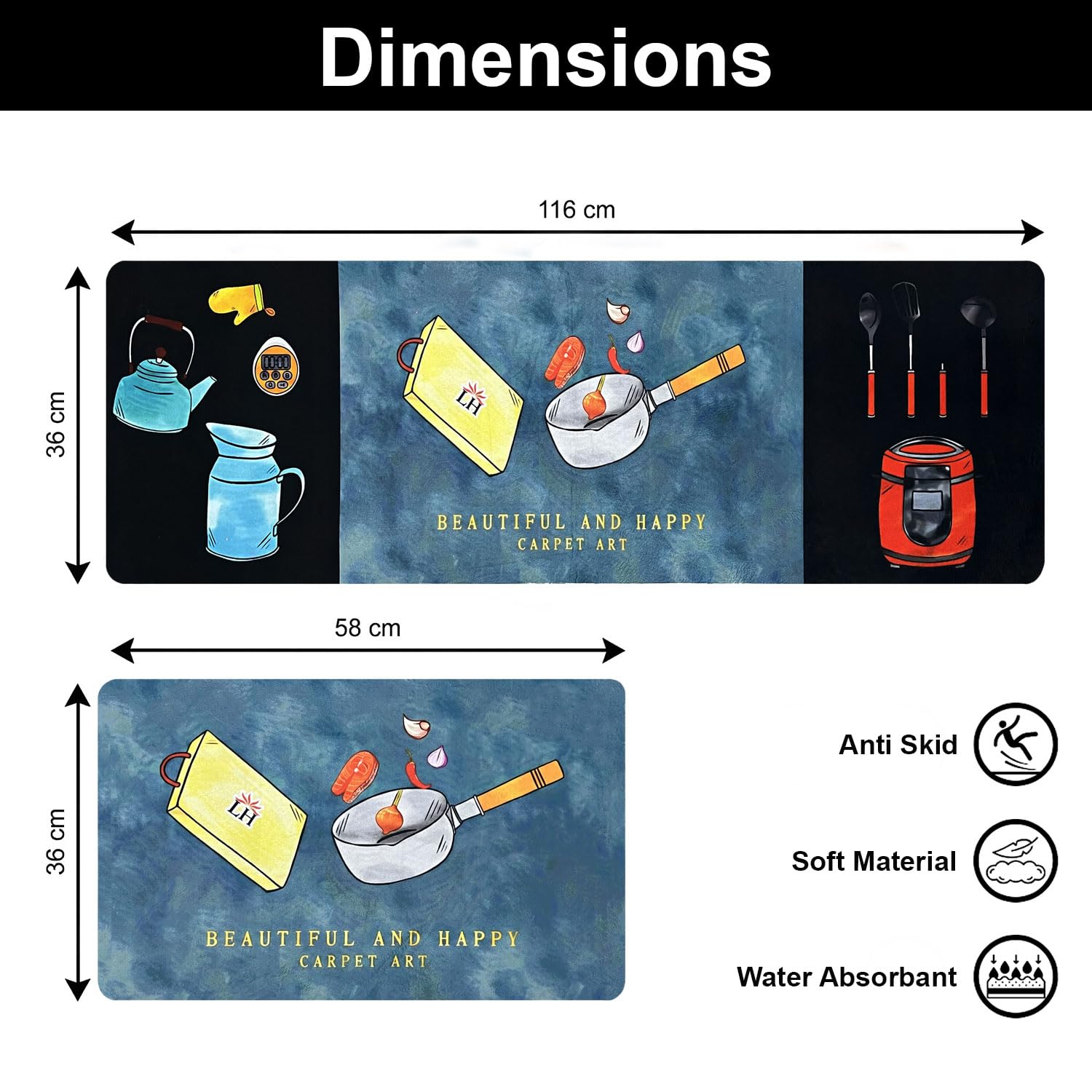 Kitchen Mat Combo  (116x36 & 58x36 cm,Blue)