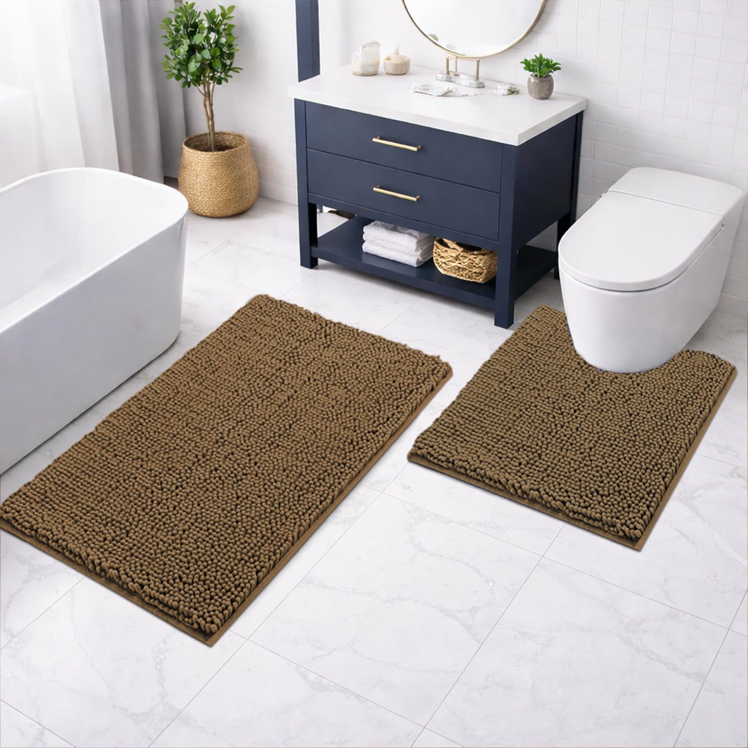Microfibre Chenille Contour Bath Mat Set Pack of 2 (Chocolate  45x75cm & 47x47cm)