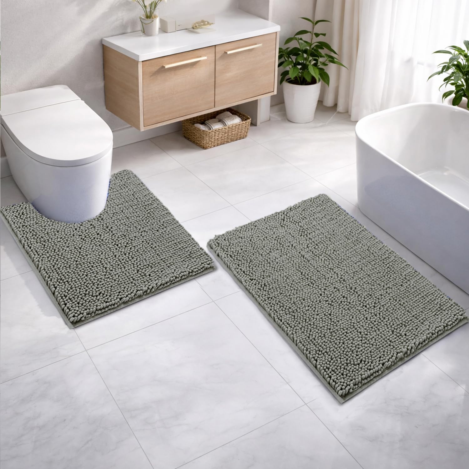 Microfibre Chenille Contour Bath Mat Set  Pack of 2 (Grey 40x60cm & 47x47cm)
