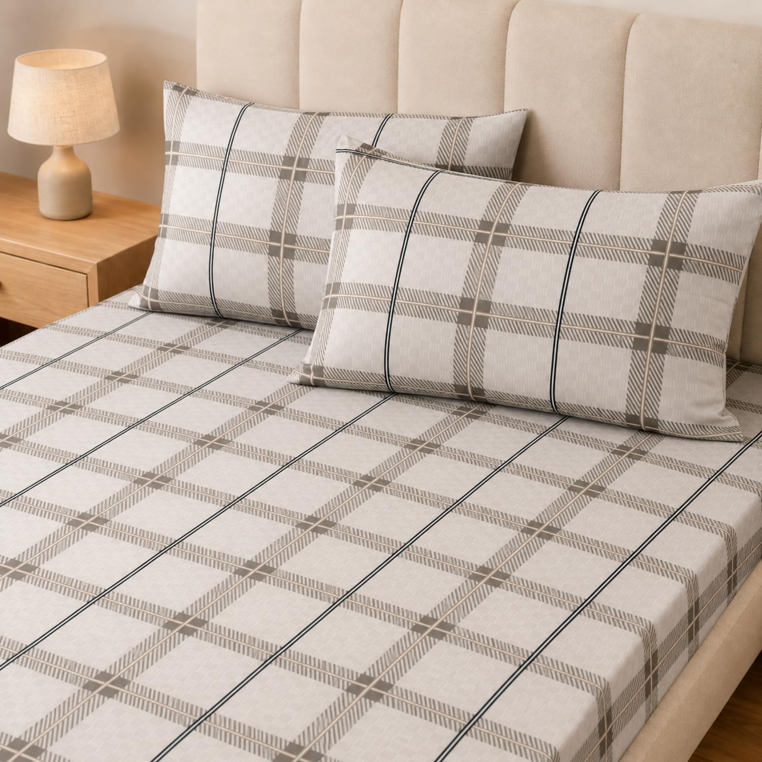 King Size Double Bedsheet with 2 Pillow Covers Premium Classic Plaid Printed Grey 90x100 inch